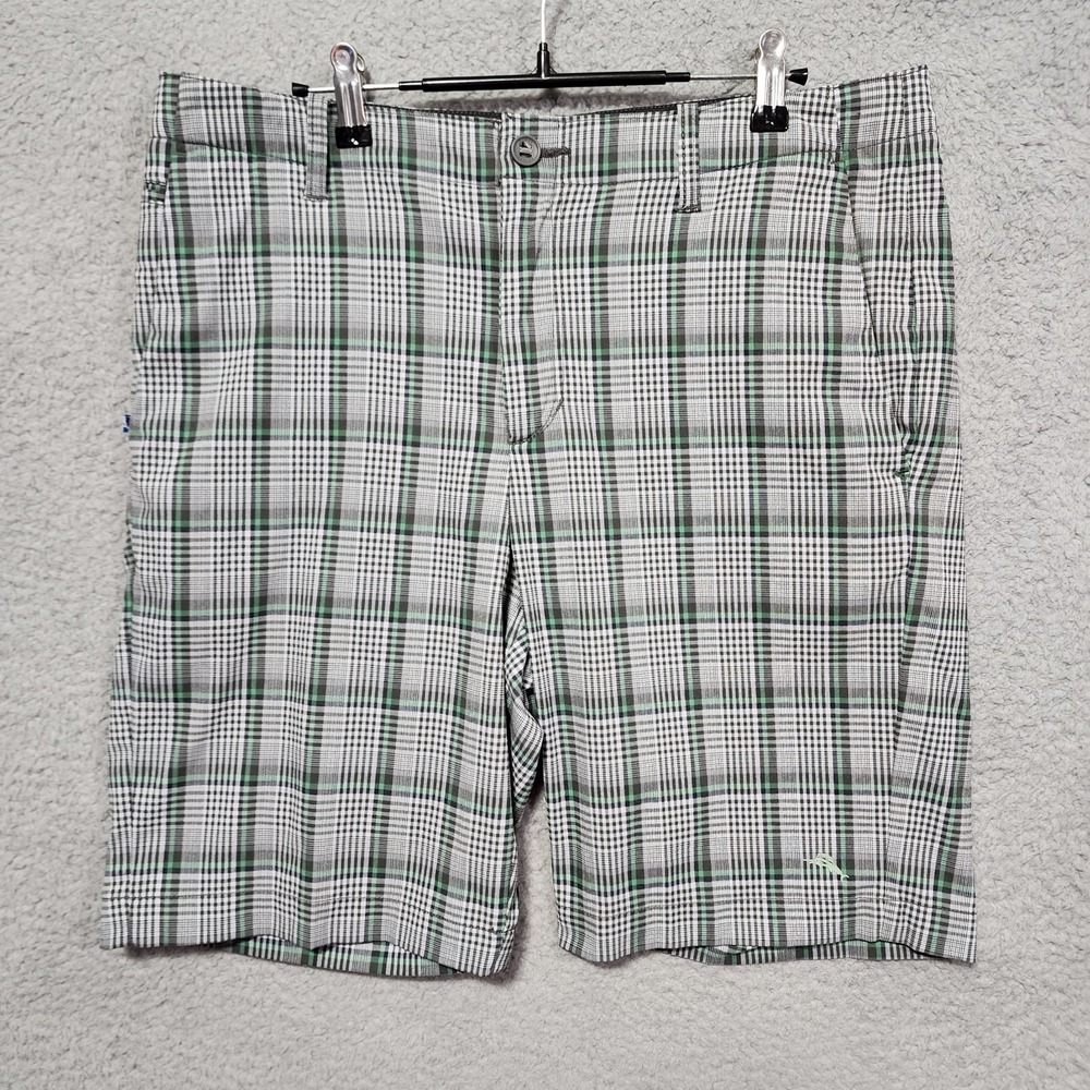 Tommy Bahama Men's Shorts Size 33 Plaid Green Gray Gripper‎ Waistband